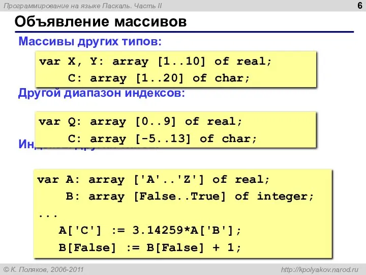 Объявление массивов Массивы других типов: Другой диапазон индексов: Индексы других типов: