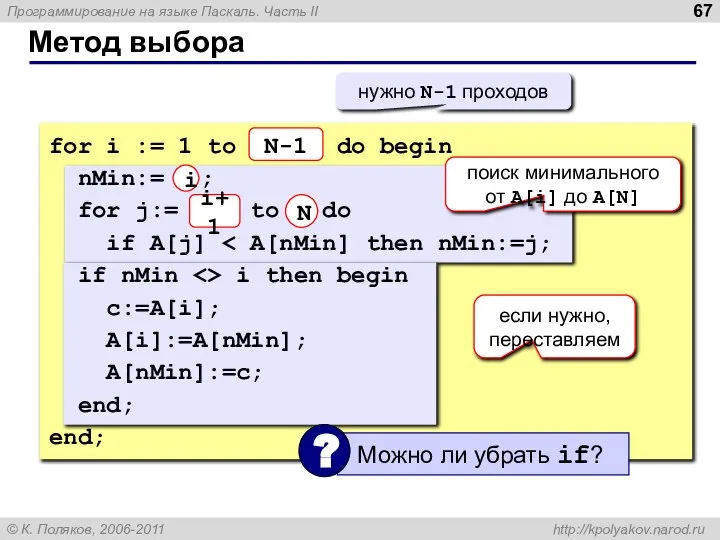 Метод выбора for i := 1 to N-1 do begin nMin:=