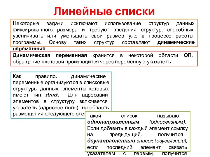 Линейные списки Некоторые задачи исключают использование структур данных фиксированного размера и