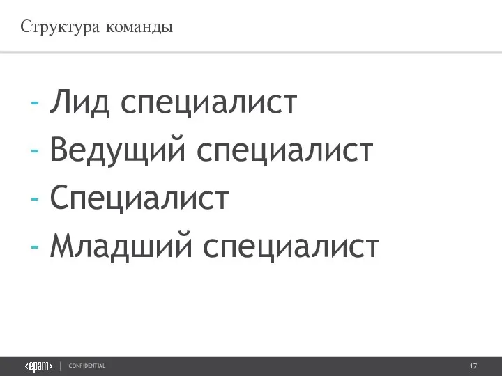 Структура команды Лид специалист Ведущий специалист Специалист Младший специалист