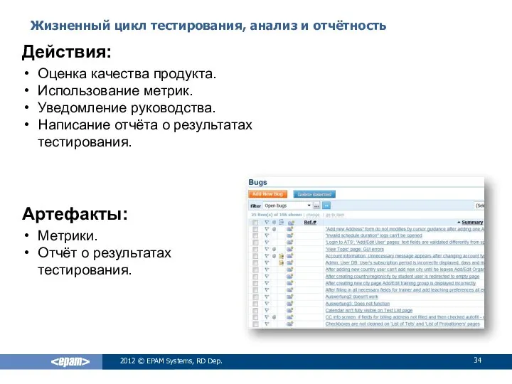 Жизненный цикл тестирования, анализ и отчётность 2012 © EPAM Systems, RD