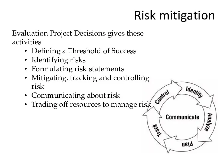 Risk mitigation Evaluation Project Decisions gives these activities Defining a Threshold