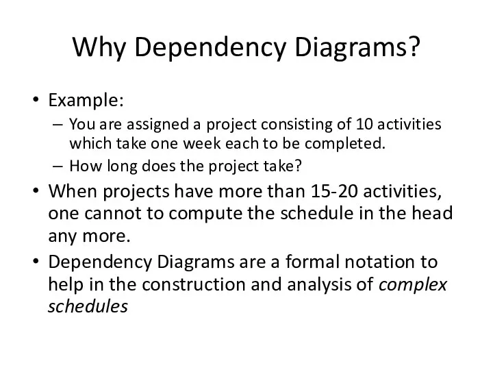 Why Dependency Diagrams? Example: You are assigned a project consisting of