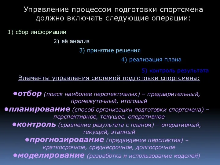 Управление процессом подготовки спортсмена должно включать следующие операции: 1) сбор информации