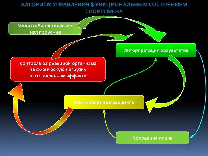 АЛГОРИТМ УПРАВЛЕНИЯ ФУНКЦИОНАЛЬНЫМ СОСТОЯНИЕМ СПОРТСМЕНА Медико-биологическое тестирование Интерпретация результатов Планирование мезоцикла