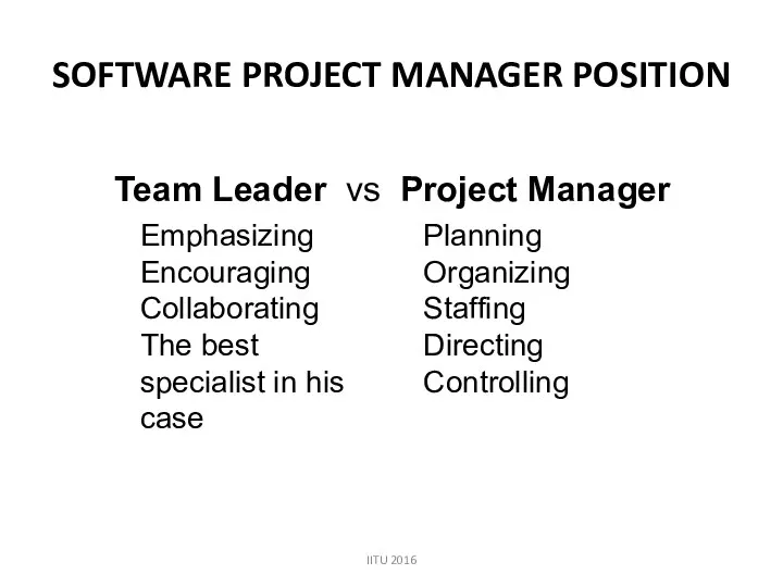 SOFTWARE PROJECT MANAGER POSITION Team Leader vs Project Manager IITU 2016