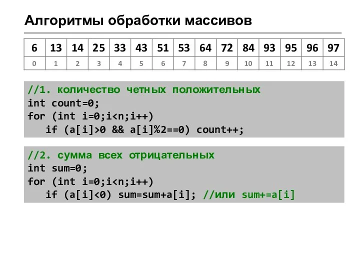 Алгоритмы обработки массивов //1. количество четных положительных int count=0; for (int