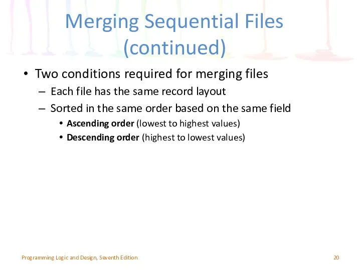 Merging Sequential Files (continued) Two conditions required for merging files Each