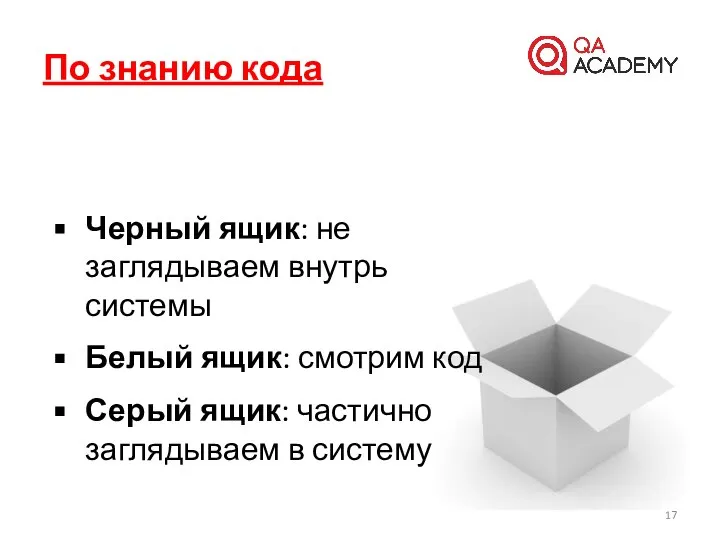 Черный ящик: не заглядываем внутрь системы Белый ящик: смотрим код Серый