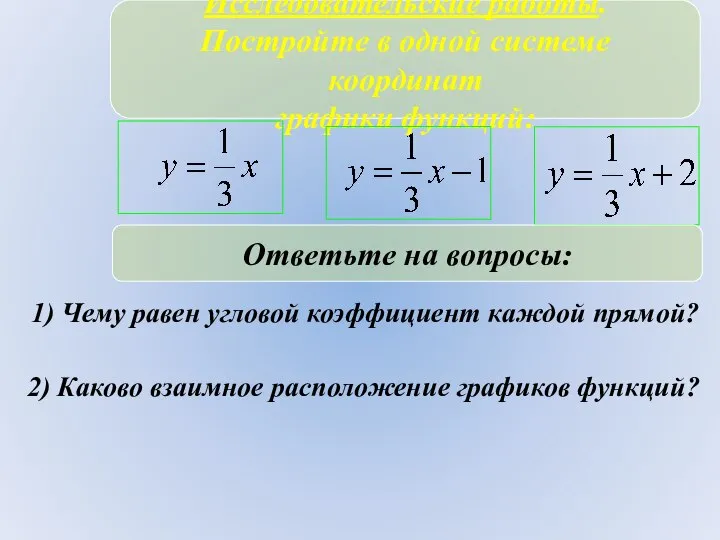 Исследовательские работы. Постройте в одной системе координат графики функций: Ответьте на