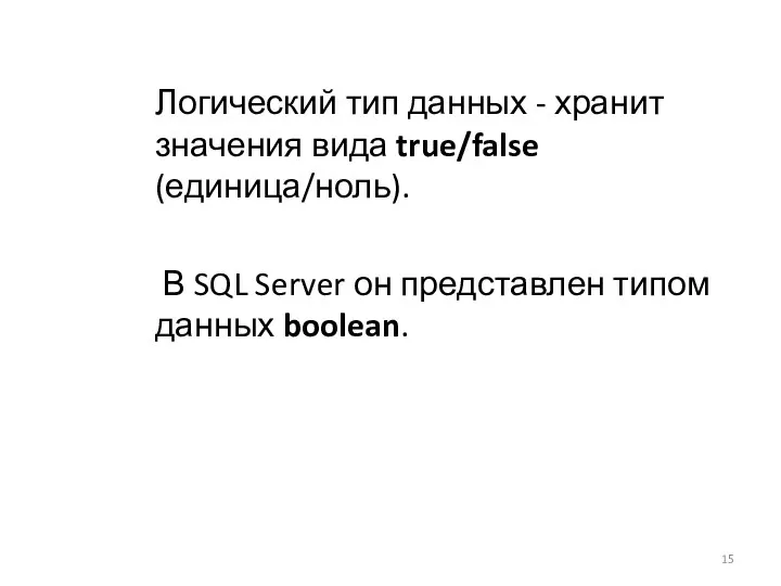 Логический тип данных - хранит значения вида true/false (единица/ноль). В SQL