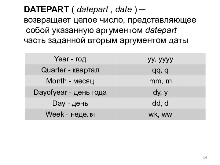 DATEPART ( datepart , date ) ─ возвращает целое число, представляющее