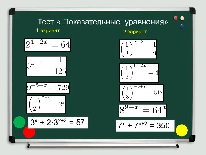 Тест « Показательные уравнения» 1 вариант 2 вариант 7х + 7х+2