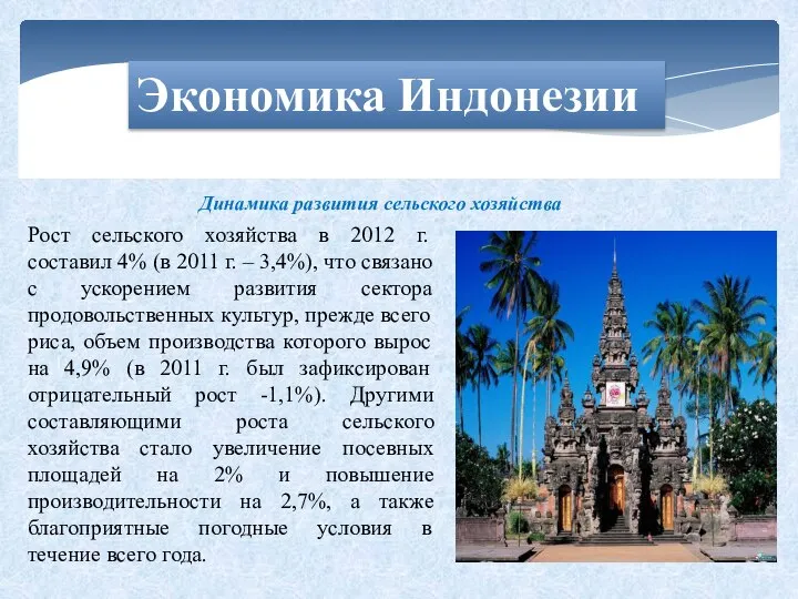 Экономика Индонезии Рост сельского хозяйства в 2012 г. составил 4% (в