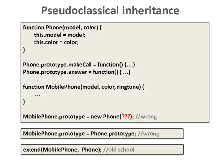 Pseudoclassical inheritance function Phone(model, color) { this.model = model; this.color =