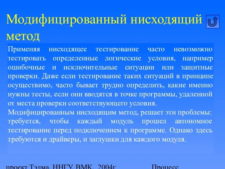 проект Тэлма, ННГУ, ВМК, 2004г Процесс тестирования программного продукта Модифицированный нисходящий