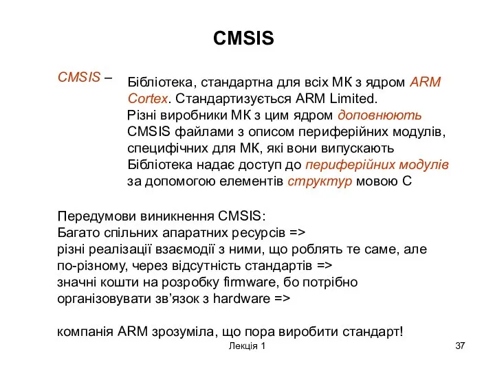 Лекція 1 CMSIS CMSIS – Бібліотека, стандартна для всіх МК з