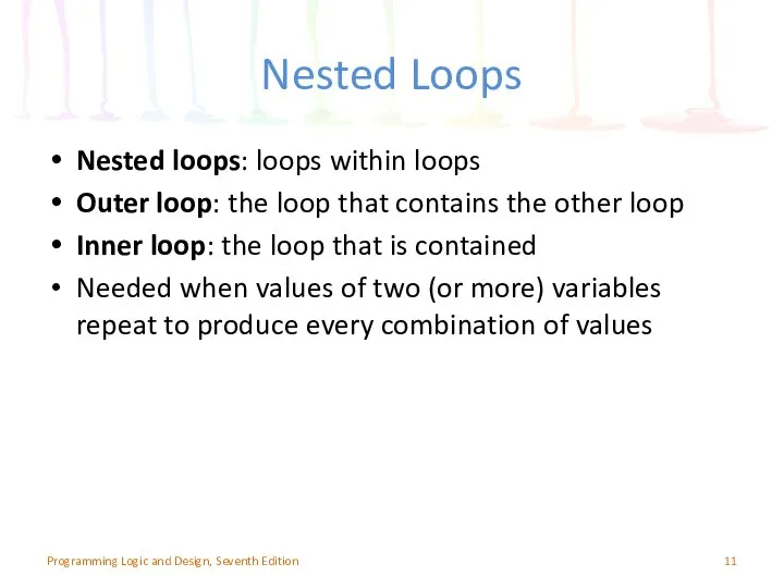 Nested Loops Nested loops: loops within loops Outer loop: the loop