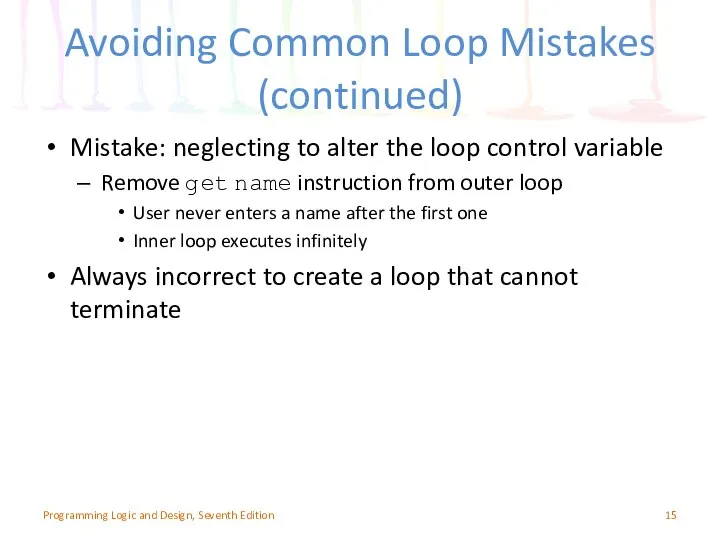 Avoiding Common Loop Mistakes (continued) Mistake: neglecting to alter the loop