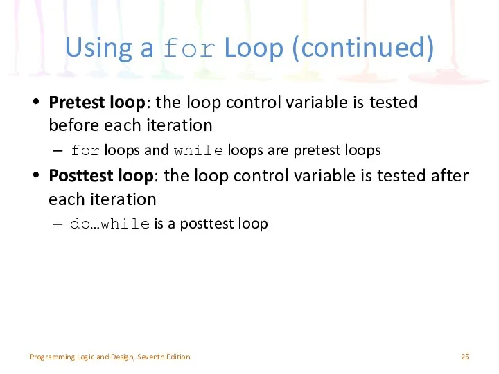 Using a for Loop (continued) Pretest loop: the loop control variable
