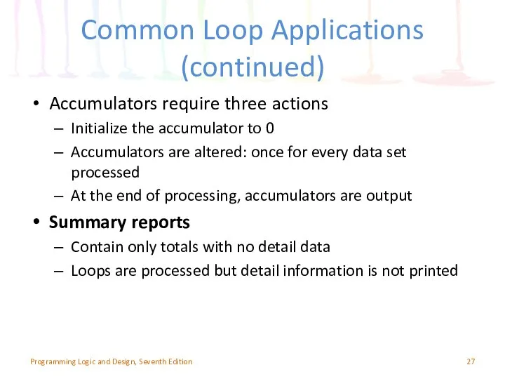 Common Loop Applications (continued) Accumulators require three actions Initialize the accumulator