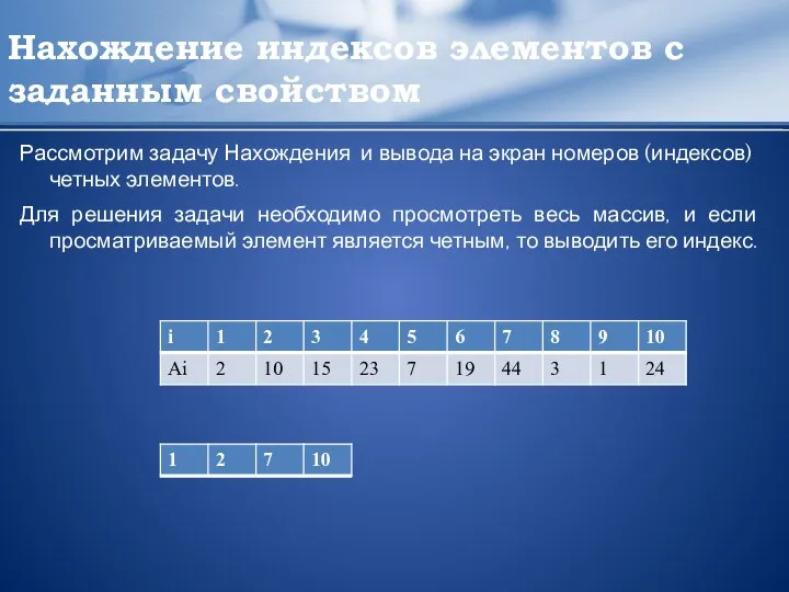 Нахождение индексов элементов с заданным свойством Рассмотрим задачу Нахождения и вывода