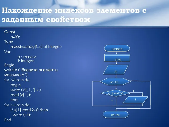 Нахождение индексов элементов с заданным свойством Сonst n=10; Type massiv=array[1..n] of