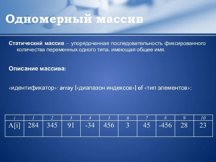 Одномерный массив Статический массив – упорядоченная последовательность фиксированного количества переменных одного