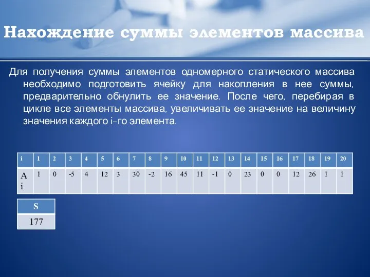 Нахождение суммы элементов массива Для получения суммы элементов одномерного статического массива