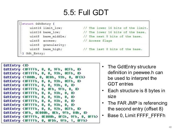 5.5: Full GDT The GdtEntry structure definition in peewee.h can be