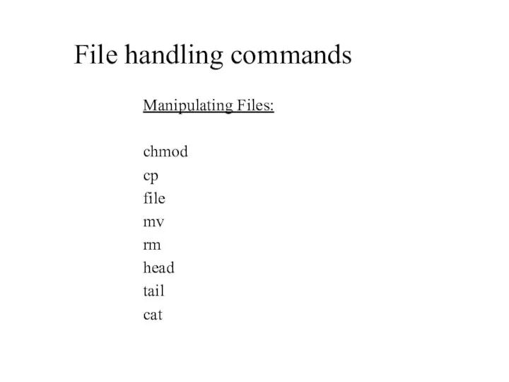 File handling commands Manipulating Files: chmod cp file mv rm head tail cat