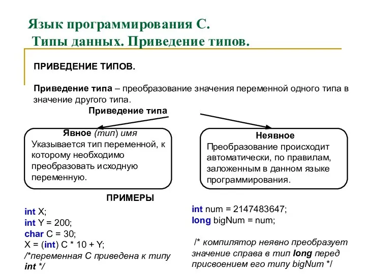 Язык программирования С. Типы данных. Приведение типов. ПРИВЕДЕНИЕ ТИПОВ. Приведение типа