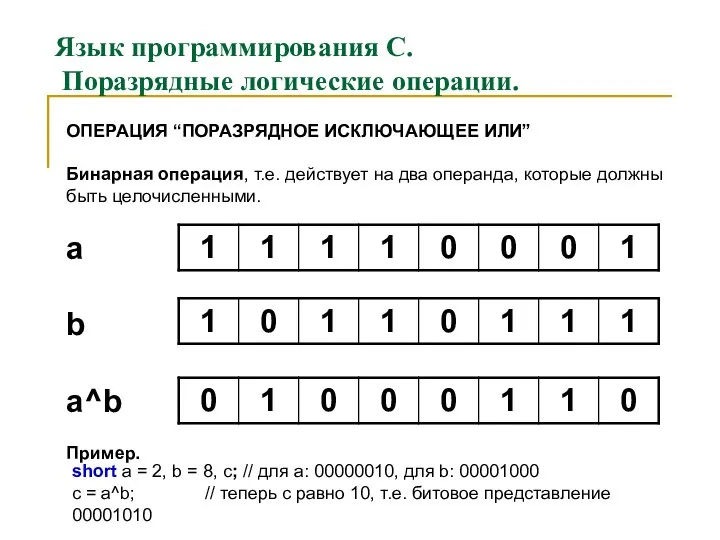 Язык программирования С. Поразрядные логические операции. ОПЕРАЦИЯ “ПОРАЗРЯДНОЕ ИСКЛЮЧАЮЩЕЕ ИЛИ” Бинарная