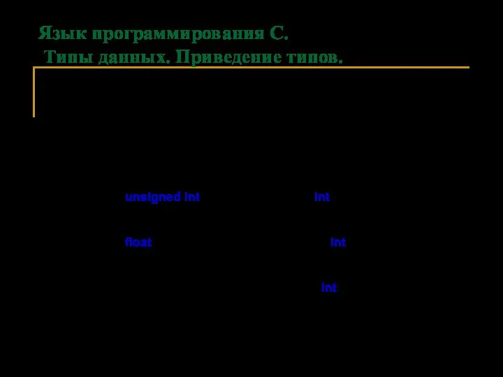 Язык программирования С. Типы данных. Приведение типов. ПРЕОБРАЗОВАНИЕ ТИПОВ. - преобразования,