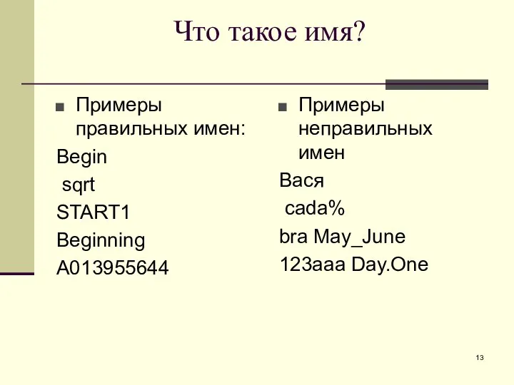 Что такое имя? Примеры правильных имен: Begin sqrt START1 Beginning A013955644