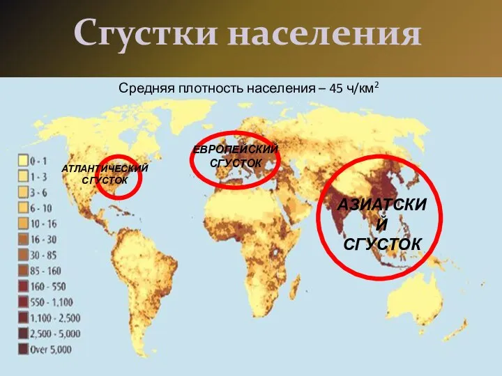 Сгустки населения Средняя плотность населения – 45 ч/км2 АЗИАТСКИЙ СГУСТОК ЕВРОПЕЙСКИЙ СГУСТОК АТЛАНТИЧЕСКИЙ СГУСТОК