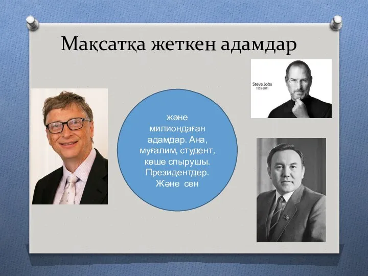 Мақсатқа жеткен адамдар және милиондаған адамдар. Ана, муғалим, студент, көше спырушы. Президентдер. Және сен