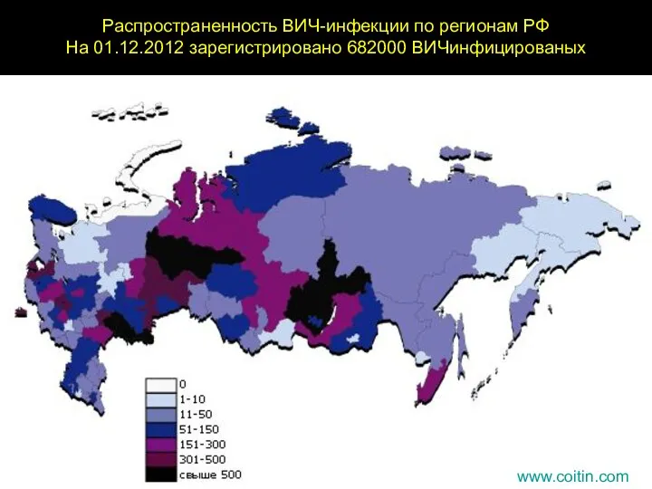 www.coitin.com Распространенность ВИЧ-инфекции по регионам РФ На 01.12.2012 зарегистрировано 682000 ВИЧинфицированых