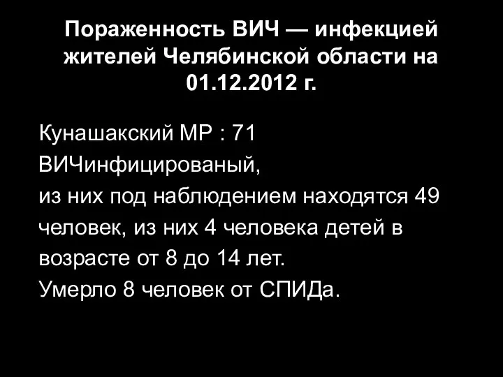 Пораженность ВИЧ — инфекцией жителей Челябинской области на 01.12.2012 г. 29
