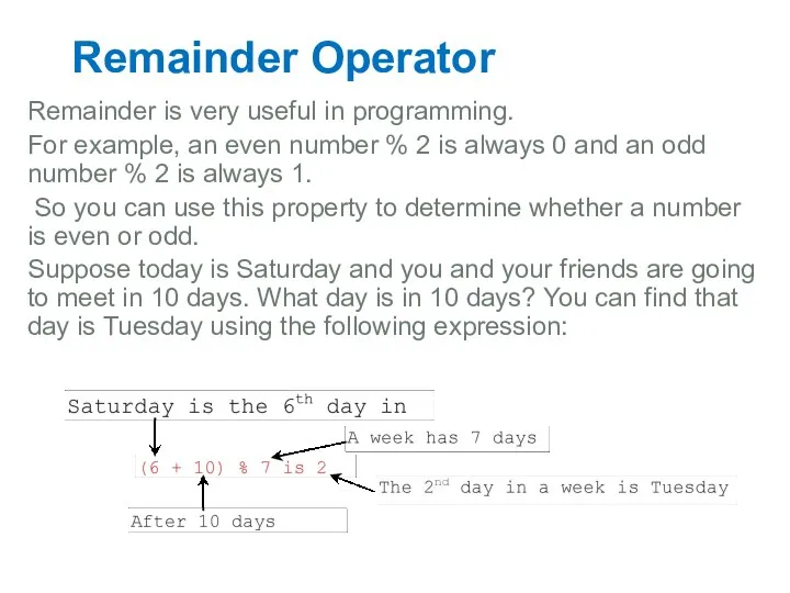 Remainder Operator Remainder is very useful in programming. For example, an