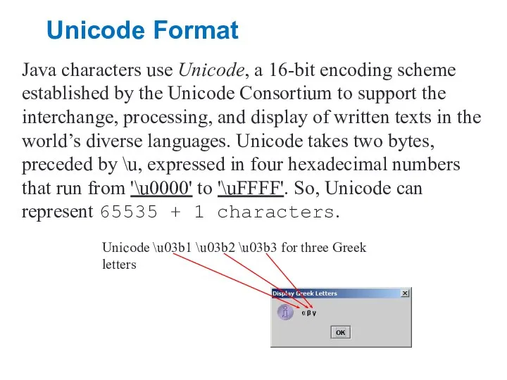 Unicode Format Java characters use Unicode, a 16-bit encoding scheme established