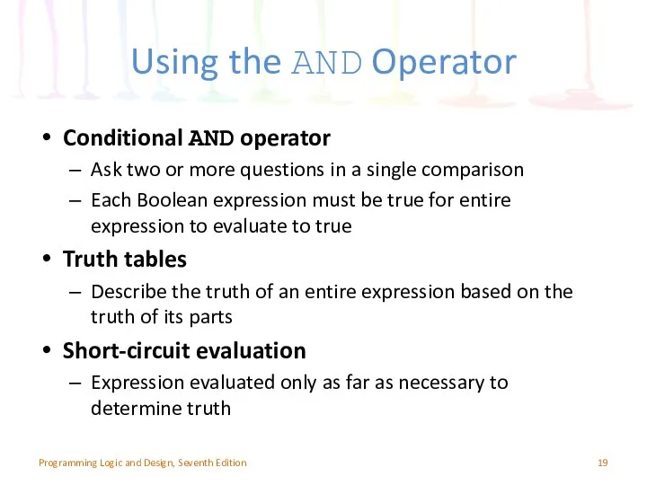 Using the AND Operator Conditional AND operator Ask two or more