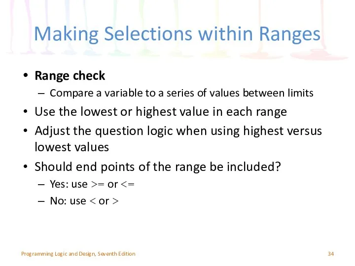 Making Selections within Ranges Range check Compare a variable to a