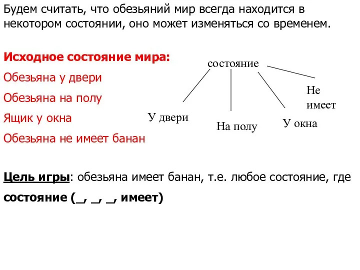 Будем считать, что обезьяний мир всегда находится в некотором состоянии, оно