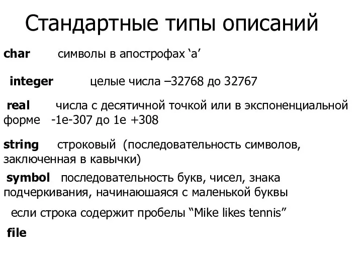 Стандартные типы описаний char символы в апострофах ‘a’ integer целые числа