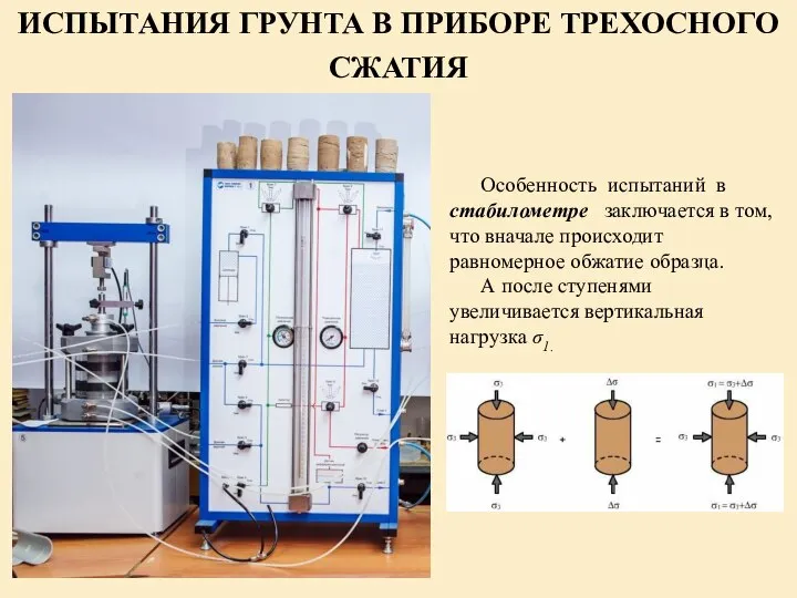 ИСПЫТАНИЯ ГРУНТА В ПРИБОРЕ ТРЕХОСНОГО СЖАТИЯ Особенность испытаний в стабилометре заключается