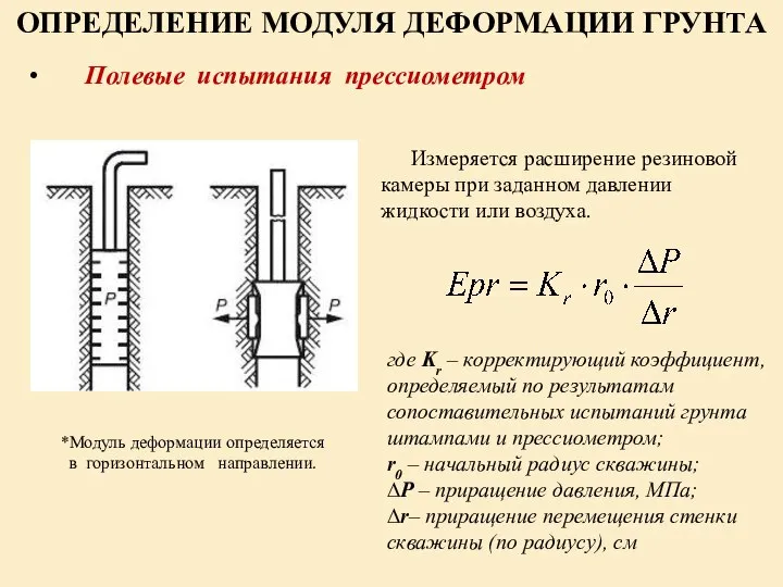 ОПРЕДЕЛЕНИЕ МОДУЛЯ ДЕФОРМАЦИИ ГРУНТА Полевые испытания прессиометром Измеряется расширение резиновой камеры