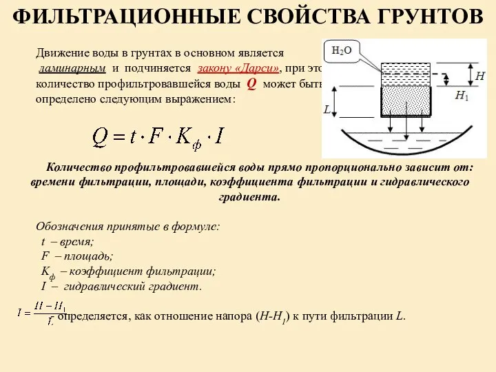 ФИЛЬТРАЦИОННЫЕ СВОЙСТВА ГРУНТОВ Движение воды в грунтах в основном является ламинарным