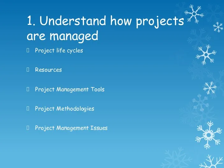 1. Understand how projects are managed Project life cycles Resources Project