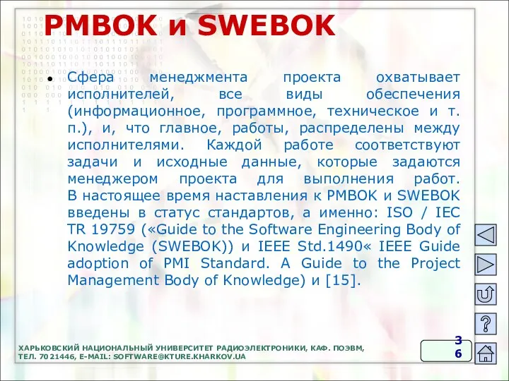 PMBOK и SWEBOK Сфера менеджмента проекта охватывает исполнителей, все виды обеспечения